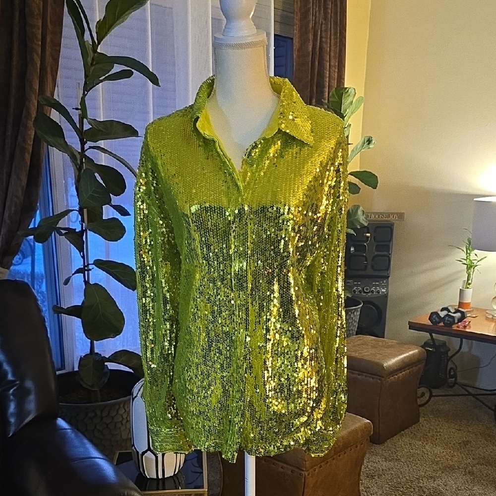 AKIRA Shimmering Lime Sequin Button-Down Shirt